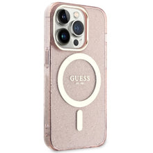 Заредете изображение във визуализатора на галерията – Original Case GUESS hardcase Glitter Gold MagSafe GUHMP14LHCMCGP for Iphone 14 Pro pink
