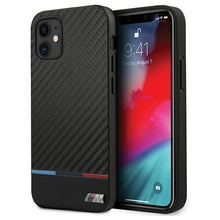 Заредете изображение във визуализатора на галерията – Etui BMW BMHCP12SPUCARTCBK iPhone 12 mini 5,4" czarny/black hardcase M Collection PU Carbon Stripe
