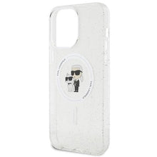 Заредете изображение във визуализатора на галерията – Karl Lagerfeld Karl&amp;Choupette Glitter MagSafe case for iPhone 15 Pro Max - transparent
