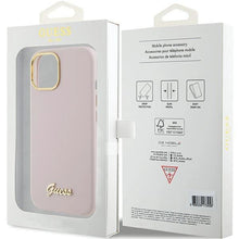 Заредете изображение във визуализатора на галерията – Guess Silicone Script Metal Logo &amp; Frame case for iPhone 15 - pink
