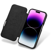 Заредете изображение във визуализатора на галерията – MagSafe Compatible Leather Flip Case for iPhone 15 iCarer Curved Edge Oil Wax Real Leather Folio Case - Black
