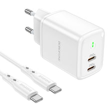 Заредете изображение във визуализатора на галерията – Borofone Wall charger BN9 Reacher - 2xType C - QC 3.0 PD 35W with Type C to Type C cable white
