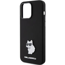 Заредете изображение във визуализатора на галерията – Karl Lagerfeld Silicone Choupette Metal Pin case for iPhone 15 Pro - black
