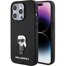 Заредете изображение във визуализатора на галерията – Karl Lagerfeld Fixed Glitter Ikonik Logo Metal Pin Case for iPhone 15 Pro Max - Black
