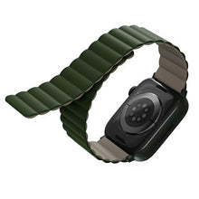 Заредете изображение във визуализатора на галерията – Uniq band Revix Apple Watch Series 1/2/3/4/5/6/7/8/SE/SE2 38/40/41mm. Reversible Magnetic green-dark grey/green-taupe
