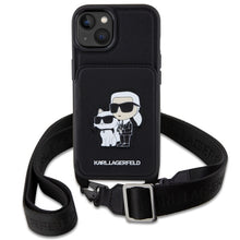 Заредете изображение във визуализатора на галерията – Original Pouch KARL LAGERFELD Crossbody Saffiano Karl &amp; Choupette KLHCP14MCSAKCPMK for Iphone 14 Plus Black
