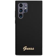 Заредете изображение във визуализатора на галерията – Guess GUHCS23LSLSMK S23 Ultra S918 black/black hardcase Silicone Vintage Gold Logo
