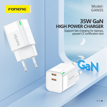 Заредете изображение във визуализатора на галерията – Foneng Wall charger GAN35 GaN - 2xType C - PD 35W 3A white
