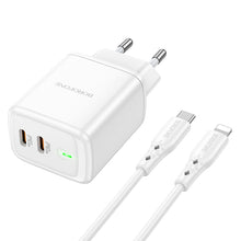 Заредете изображение във визуализатора на галерията – Borofone Wall charger BN9 Reacher - 2xType C - QC 3.0 PD 35W with Type C to Lightning cable white
