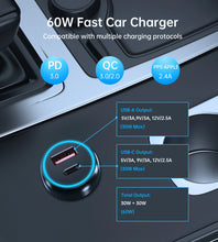 Заредете изображение във визуализатора на галерията – Choetech TC0014 USB-C USB-A PD 60W car charger with LED backlight - black
