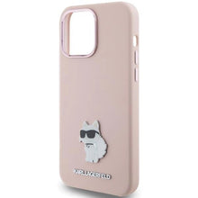 Заредете изображение във визуализатора на галерията – Karl Lagerfeld Silicone Choupette Metal Pin case for iPhone 15 Pro Max - pink
