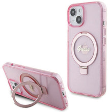 Заредете изображение във визуализатора на галерията – Original faceplate case GUESS GUHMP15SHRSGSP for iPhone 15 Plus (Magsafe / Glitter Script Logo / Ring stand / pink)
