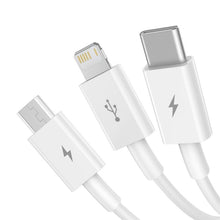 Заредете изображение във визуализатора на галерията – BASEUS cable 3in1 Flash Series II USB A to Micro + Lightning 8-pin + Type C 3,5A 0,5m white P10320105221-01
