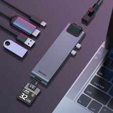 Заредете изображение във визуализатора на галерията – BASEUS HUB Type-C to 2x USB 3.0 + RJ45 + HDMI 4K + PD + MicroSD / SD + Thunderbolt 3 MacBook Pro CAHUB-L0G
