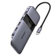 Заредете изображение във визуализатора на галерията – Ugreen multi-functional HUB USB Type C - 3x USB 3.2 Gen 2 (10Gbps) / HDMI 4K 60Hz / USB Type C PD / DC pocket SATA M.2 SSD case gray (CM296 70449)
