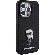 Заредете изображение във визуализатора на галерията – Karl Lagerfeld Fixed Glitter Ikonik Logo Metal Pin Case for iPhone 15 Pro Max - Black
