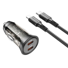 Заредете изображение във визуализатора на галерията – Borofone Car charger BZ26B Discovery - 2xType C - PD 45W 3A with Type C to Lightning cable transparent-black
