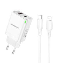 Заредете изображение във визуализатора на галерията – Borofone Wall charger BN16 Tough - USB + Type C - PD 45W 3A with Type C to Lightning cable white
