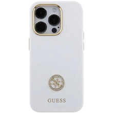 Заредете изображение във визуализатора на галерията – Guess Silicone Logo Strass 4G case for iPhone 15 Pro Max - white
