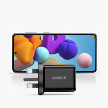 Заредете изображение във визуализатора на галерията – Ugreen UK wall charger (United Kingdom) USB-A QC3.0 18W black (CD122)
