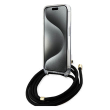 Заредете изображение във визуализатора на галерията – Original faceplate case GUESS GUHCP15LHC4SEK for iPhone 15 Pro (Crossbody Cord 4G Print / black)
