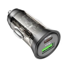 Заредете изображение във визуализатора на галерията – Borofone Car charger BZ26A Shadow - USB + Type C - PD 43W 3A transparent-black
