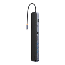 Заредете изображение във визуализатора на галерията – Baseus EliteJoy Gen2 11-Port Type-C HUB Adapter Dark gray（Type-C to HDMI*1+USB3.0*3+PD*1+VGA*1+SD/TF*1+RJ45*1+Type-C Data*1+3.5mm*1）
