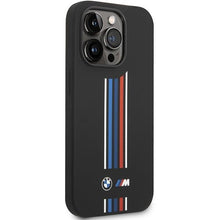 Заредете изображение във визуализатора на галерията – Case BMW BMHCP14L22SWTK iPhone 14 Pro 6.1" black/black Silicone Vertical Tricolor Lines
