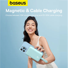 Заредете изображение във визуализатора на галерията – Baseus Magnetic Mini MagSafe 10000mAh 20W powerbank with built-in Lightning cable - blue + Baseus Simple Series USB-C - USB-C 60W 0.3m cable
