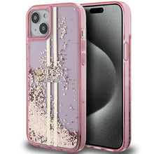 Заредете изображение във визуализатора на галерията – Original faceplate case GUESS GUHCP15MLFCSEGP for iPhone 15 Plus (Liquid Glitter Gold Stripes / pink)
