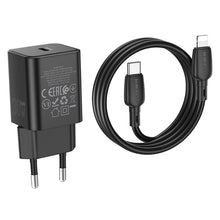 Заредете изображение във визуализатора на галерията – Borofone Wall charger BN13 Safety GaN - Type C - PD 30W with Type C to Lightning cable black
