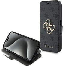 Заредете изображение във визуализатора на галерията – Original Case GUESS book 4G Metal Logo GUBKP15L4GMGGR for Iphone 15 Pro grey

