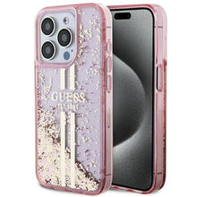 Заредете изображение във визуализатора на галерията – Original faceplate case GUESS GUHCP15LLFCSEGP for iPhone 15 Pro (Liquid Glitter Gold Stripes / pink)
