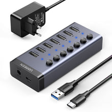 Заредете изображение във визуализатора на галерията – Ugreen multifunctional HUB 7in1 USB Type C - 7x USB Type A 3.0 PD DC 12V gray (CM481)
