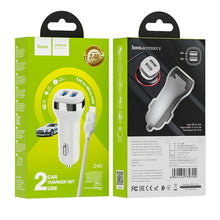 Заредете изображение във визуализатора на галерията – HOCO car charger 2x USB A + cable USB A to Micro 2,4A Z40 white
