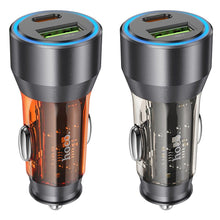 Заредете изображение във визуализатора на галерията – HOCO car charger USB QC 18W + Type C 25W PD43W NZ12A transparent orange
