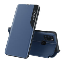 Заредете изображение във визуализатора на галерията – Eco Leather View Case elegant bookcase type case with kickstand for Samsung Galaxy A21S blue
