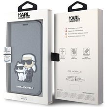 Заредете изображение във визуализатора на галерията – Karl Lagerfeld KLBKP14SSANKCPG iPhone 14 6.1" bookcase silver/silver Saffiano Karl &amp; Choupette
