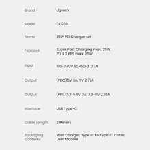 Заредете изображение във визуализатора на галерията – Ugreen USB Type C charger 25W Power Delivery + USB Type C cable 2m black (50581)
