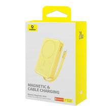 Заредете изображение във визуализатора на галерията – Baseus Magnetic Mini MagSafe 10000mAh 20W powerbank with built-in Lightning cable - yellow + Baseus Simple Series USB-C - USB-C 60W 0.3m cable
