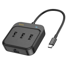 Заредете изображение във визуализатора на галерията – HOCO adapter HUB 4in1 Type C to USB2.0*3+RJ45 100 Mbps Ethernet 0,2m HB35 black
