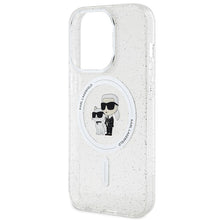 Заредете изображение във визуализатора на галерията – Original Pouch KARL LAGERFELD hardcase Karl&amp;Choupette Glitter MagSafe KLHMP15LHGKCNOT for Iphone 15 Pro transparent
