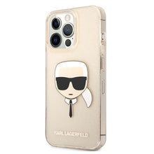 Заредете изображение във визуализатора на галерията – Karl Lagerfeld KLHCP13LKHTUGLGO iPhone 13 Pro / 13 6,1" złoty/gold hardcase Glitter Karl`s Head
