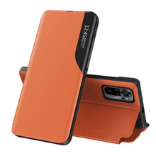 Заредете изображение във визуализатора на галерията – Eco Leather View Case elegant bookcase type case with kickstand for Xiaomi Redmi Note 10 / Redmi Note 10S orange
