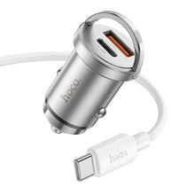Заредете изображение във визуализатора на галерията – HOCO car charger 2 x USB QC3.0 18W + Type C PD 45W cable Type C for Type C Handy NZ10 silver
