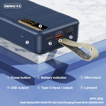 Заредете изображение във визуализатора на галерията – REMAX Power Bank 30000mAh RPP-506 Noah - USB + Type C - PD 20W QC 22,5W blue
