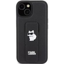 Заредете изображение във визуализатора на галерията – Karl Lagerfeld Gripstand Saffiano Choupette Pins case for iPhone 15 - black
