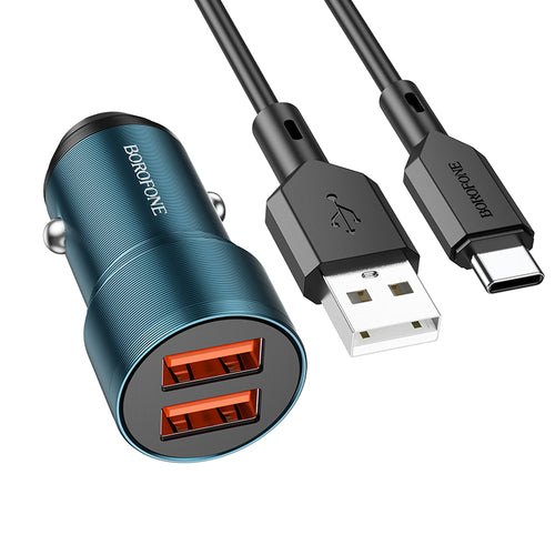 Borofone Car charger BZ19 Wisdom - 2xUSB - 12W with USB to Type C cable blue
