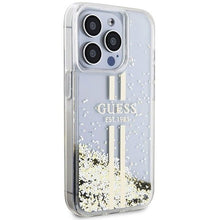 Заредете изображение във визуализатора на галерията – Original faceplate case GUESS GUHCP15LLFCSEGT for iPhone 15 Pro (Liquid Glitter Gold Stripes / transparent)
