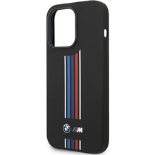 Заредете изображение във визуализатора на галерията – Case BMW BMHCP14X22SWTK iPhone 14 Pro Max 6.7" black/black Silicone Vertical Tricolor Lines

